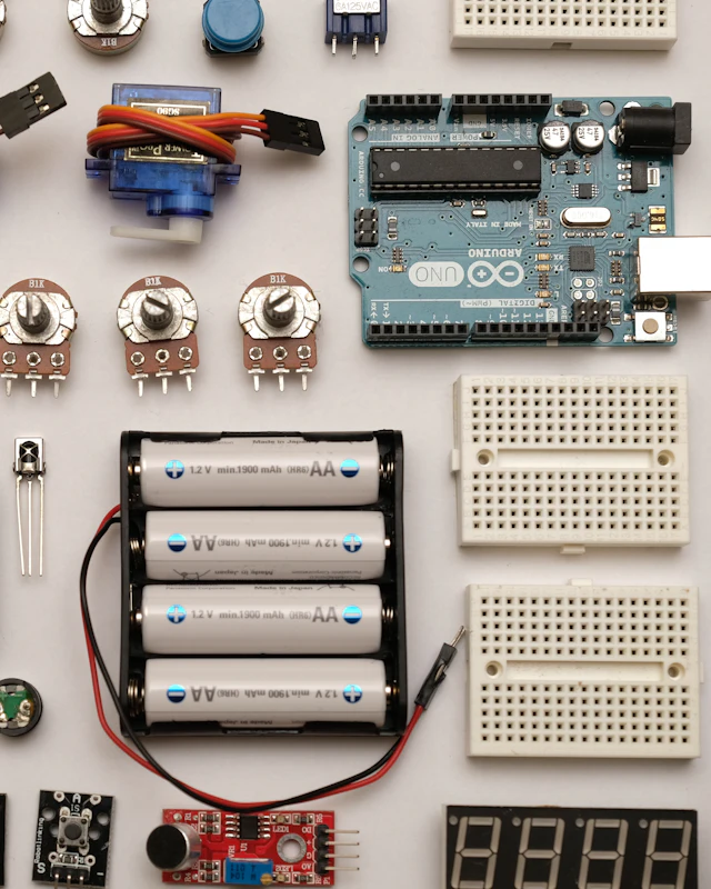 Electronic modules, sensors and components laid out on a bench